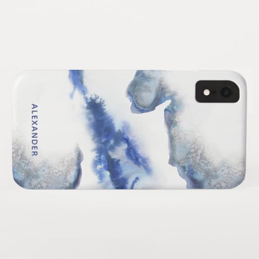 Blaues Aquarell Ombre Marmormonogramm Case-Mate iPhone Hülle (Rückseite (Horizontal))