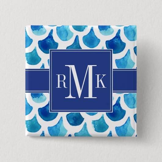 Blaues Aquarell-Skala-Muster Button (Vorderseite)