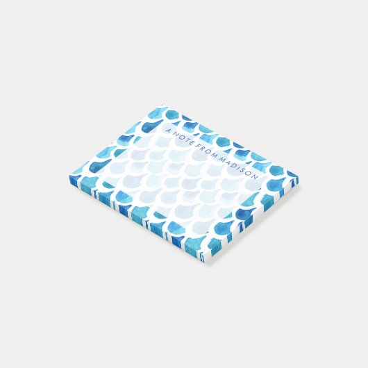 Blaues Aquarell-Skala-Muster Post-it Klebezettel (angewinkelt)