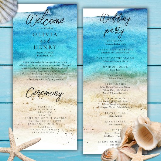 Blaues Aquarell-Strand-Hochzeitsprogramm