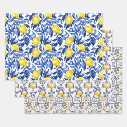 Blaues Aquarell-Zitronenmuster Geschenkpapier Set (Set)