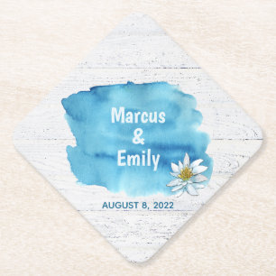 Blaues Aquarellblau auf Holz mit Wasserlilie Untersetzer