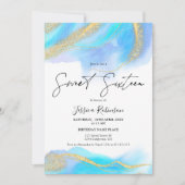 Blaues Aquarellgold Glitzer Foto Sweet 16 Einladung (Vorderseite)