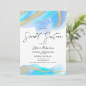 Blaues Aquarellgold Glitzer Foto Sweet 16 Einladung (Stehend Vorderseite)
