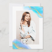 Blaues Aquarellgold Glitzer Foto Sweet 16 Einladung (Rückseite)