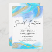 Blaues Aquarellgold Glitzer Foto Sweet 16 Einladung (Vorne/Hinten)