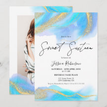 Blaues Aquarellgold Glitzer Foto Sweet 16