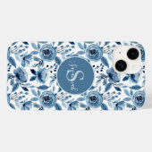 Blaues Aquarellmuster mit Monogramm-Blume Case-Mate iPhone Hülle (Rückseite (Horizontal))