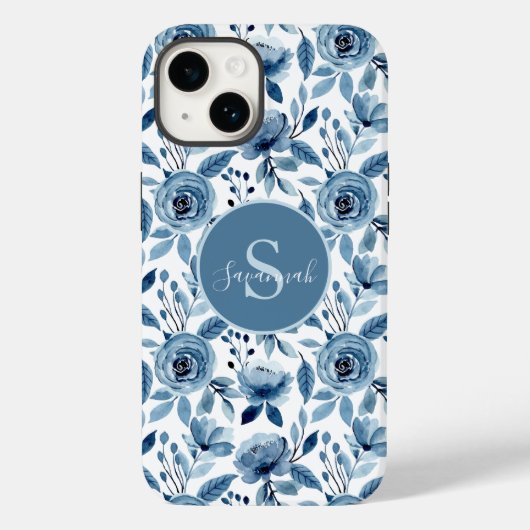 Blaues Aquarellmuster mit Monogramm-Blume Case-Mate iPhone Hülle (Rückseite)
