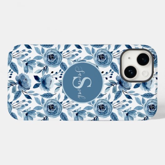 Blaues Aquarellmuster mit Monogramm-Blume Case-Mate iPhone Hülle (Rückseite (Horizontal))