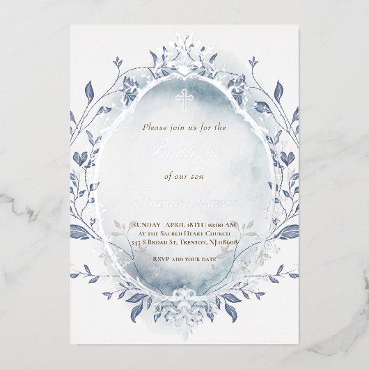 Blaues Aquarellsilber Rahmen Winter Taufe Folieneinladung (Vorderseite)