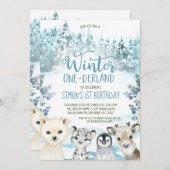 Blaues arktisches Tier Winter Onederland Geburtsta Einladung (Vorne/Hinten)