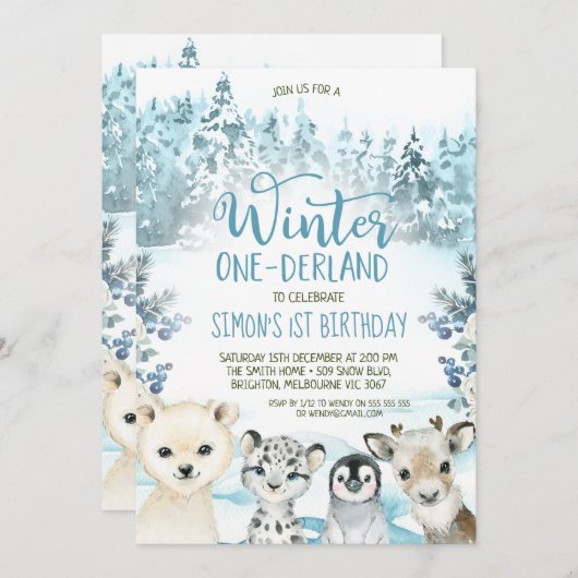 Blaues arktisches Tier Winter Onederland Geburtsta Einladung (Vorne/Hinten)