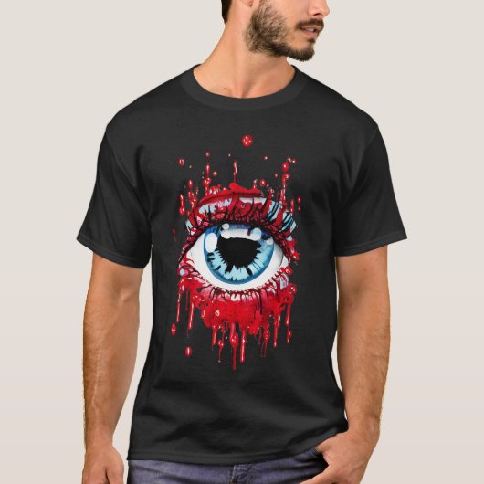 Blaues Auge Tropfblut Horror Kunst T-Shirt (Vorderseite)