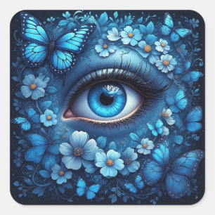 Blaues Auge umgeben von Blumen und Schmetterlingen Quadratischer Aufkleber