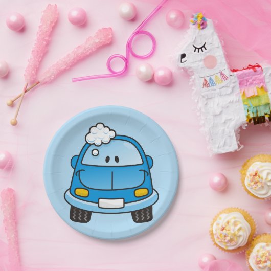 Blaues Auto mit Blasen Pappteller (Party)