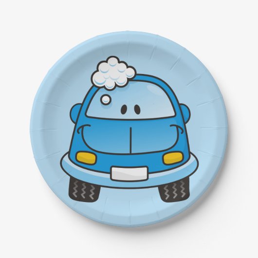 Blaues Auto mit Blasen Pappteller (Vorderseite)