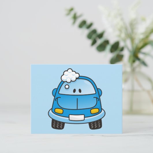 Blaues Auto mit Blasen Postkarte (Stehend Vorderseite)