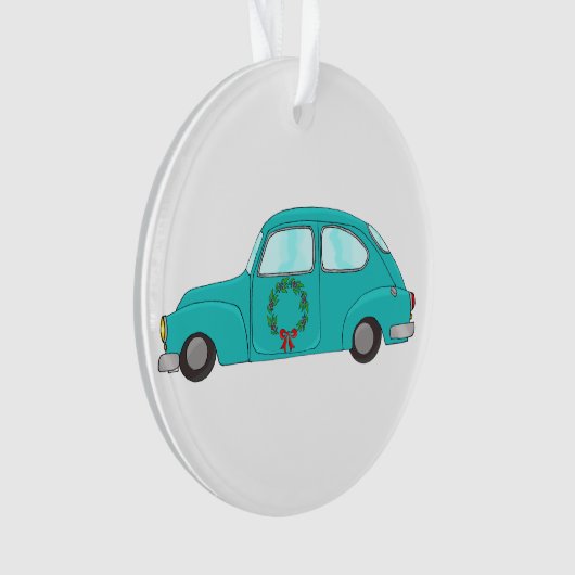 blaues Auto mit Weihnachtskranz Ornament (Vorderseite)
