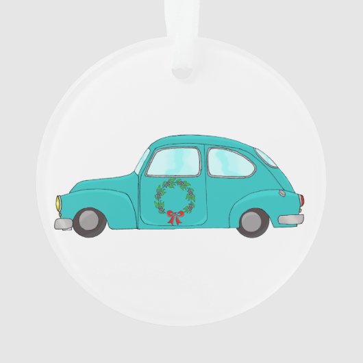 blaues Auto mit Weihnachtskranz Ornament (Rückseite)