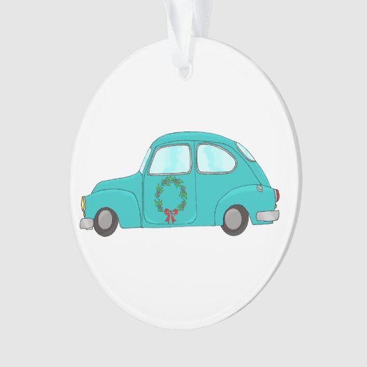 blaues Auto mit Weihnachtskranz Ornament (Vorderseite)