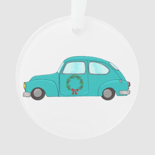 blaues Auto mit Weihnachtskranz Ornament (Vorderseite)