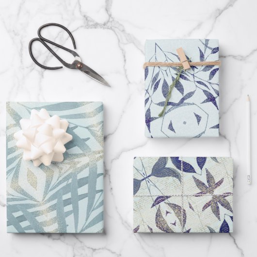 Blaues Blattmuster Geschenkpapier Set (Vorderseite)