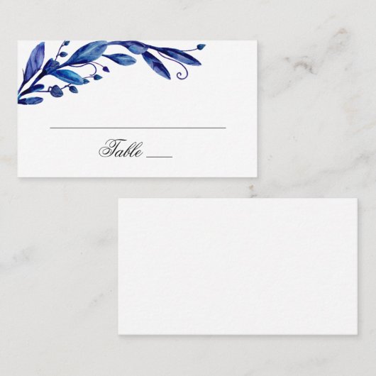 Blaues Blattwerk. Botanische Hochzeit der Marine Platzkarte (Vorne/Hinten)