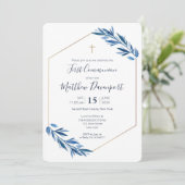 Blaues Blattwerk Einladung (Stehend Vorderseite)