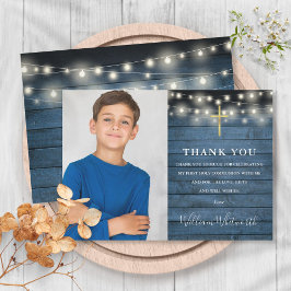Blaues blaues Foto mit rustikalen String-Lights Dankeskarte