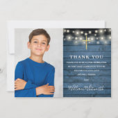 Blaues blaues Foto mit rustikalen String-Lights Dankeskarte (Vorderseite)