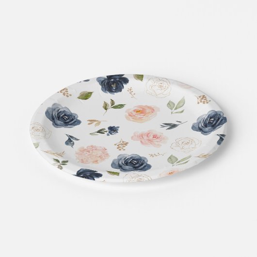Blaues blaues Rosa Rosa Botanische Hochzeit Pappteller (Schrägansicht)