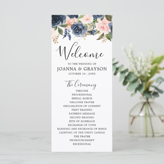 Blaues blaues Rosa Rosa Botanische Hochzeit Programm (Stehend Vorderseite)