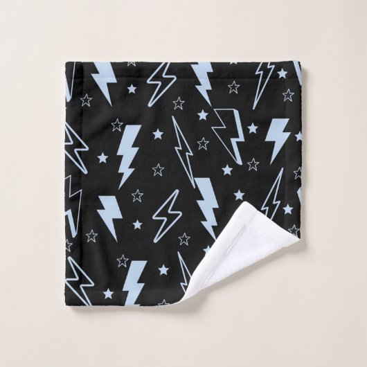 Blaues Blitzschwarz Hintergrund Y2K Muster Badhandtuch Set (Waschlappen)