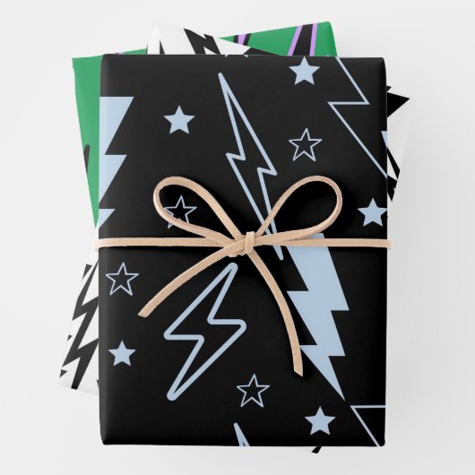Blaues Blitzschwarz Hintergrund Y2K Muster Geschenkpapier Set (Beispiel)