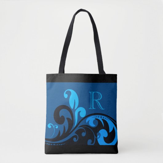 Blaues Blüh-Design mit Monogram Tasche (Vorderseite)