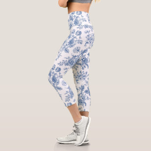 Blaues Blume-Muster Capri Leggings