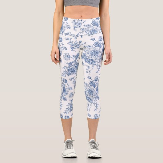 Blaues Blume-Muster Capri Leggings (Vorderseite)