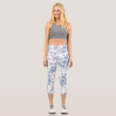 Blaues Blume-Muster Capri Leggings (Vorderseite)