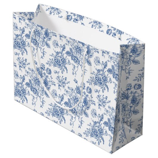 Blaues Blume-Muster Große Geschenktüte (Rückseite Schrägansicht)
