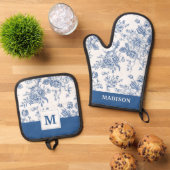 Blaues Blume-Muster Ofenhandschuh & Topflappen-Set (Oben Unten)