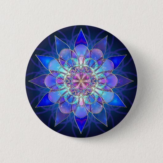 Blaues Blumemandala-Fraktal Button (Vorderseite)