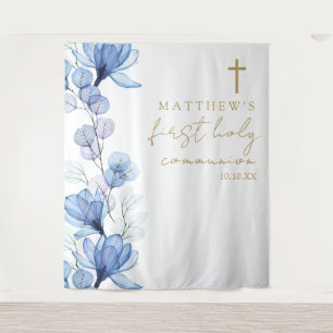 Blaues Blumen-Erstkommunion-Foto-Hintergrundbild Wandteppich