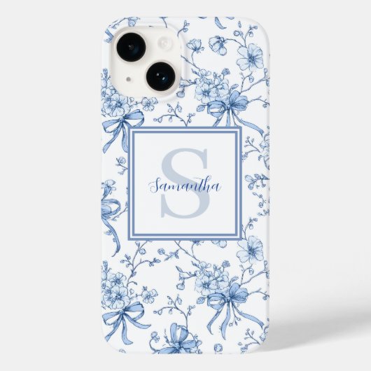 Blaues Blumen- French Toile Monogramm Name Case-Mate iPhone Hülle (Rückseite)