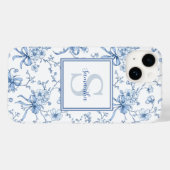 Blaues Blumen- French Toile Monogramm Name Case-Mate iPhone Hülle (Rückseite (Horizontal))
