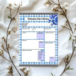 Blaues Blumen-Gingham _ Medikamenten-Datensammlung Notizblock