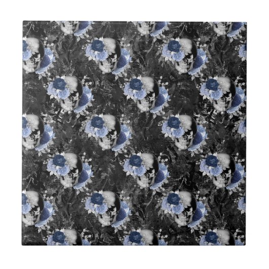 Blaues Blumen-Schädel-Serie Design 1 Fliese (Vorderseite)