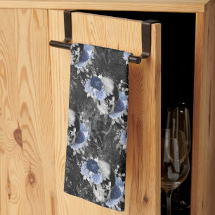 Blaues Blumen-Schädel-Serie Design 1   Geschirrtuch