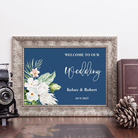 Blaues Blumen-Willkommens-Hochzeitsschild Poster