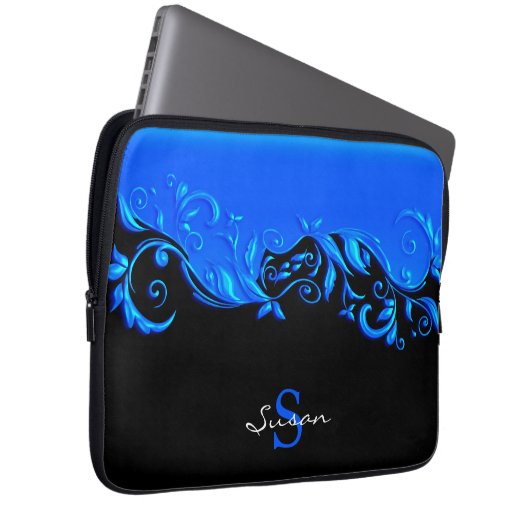 Blaues Blumendesign in Schwarz Laptopschutzhülle (Vorne Rechts)